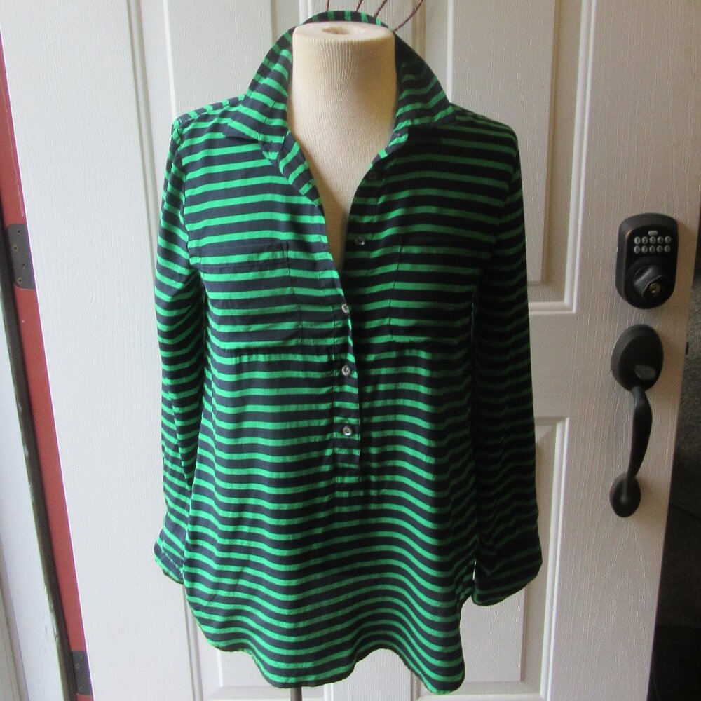 Vintage 100 % Silk J Crew Green and Navy LS Striped Tunic Blouse Size 6